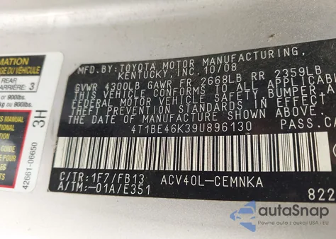 2009 Toyota Camry from USA, damaged, VIN 4T1BE46K39U896130